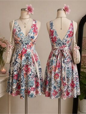 Shoreline floral halter fit flare dress white pink blue sleeveless size L
